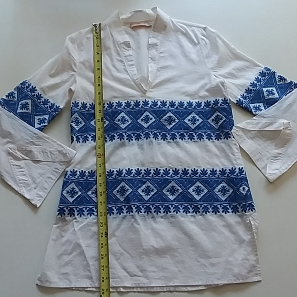 Tory Burch blue white boho peasant v-neck blouse - Picture 6 of 8